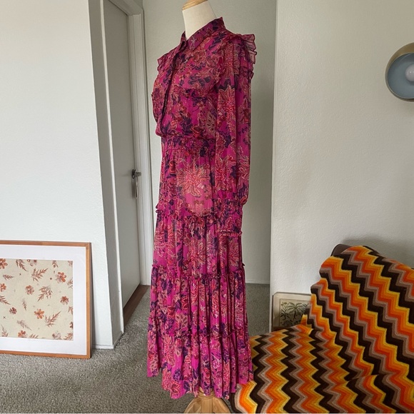 Misa Los Angeles Marian Floral Ruffle Metallic Tier Smocked Midi Dress - Picture 4 of 12